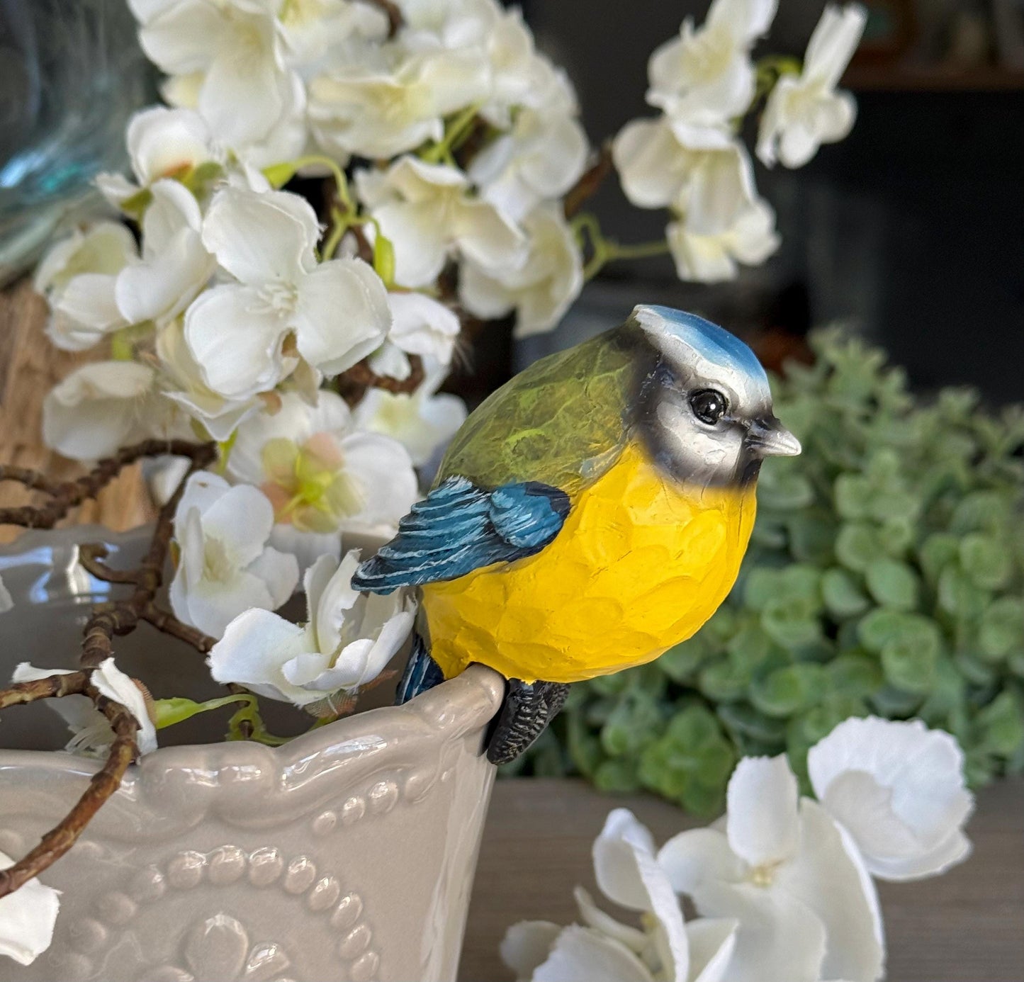 Carved Blue Tit Pot Hanger