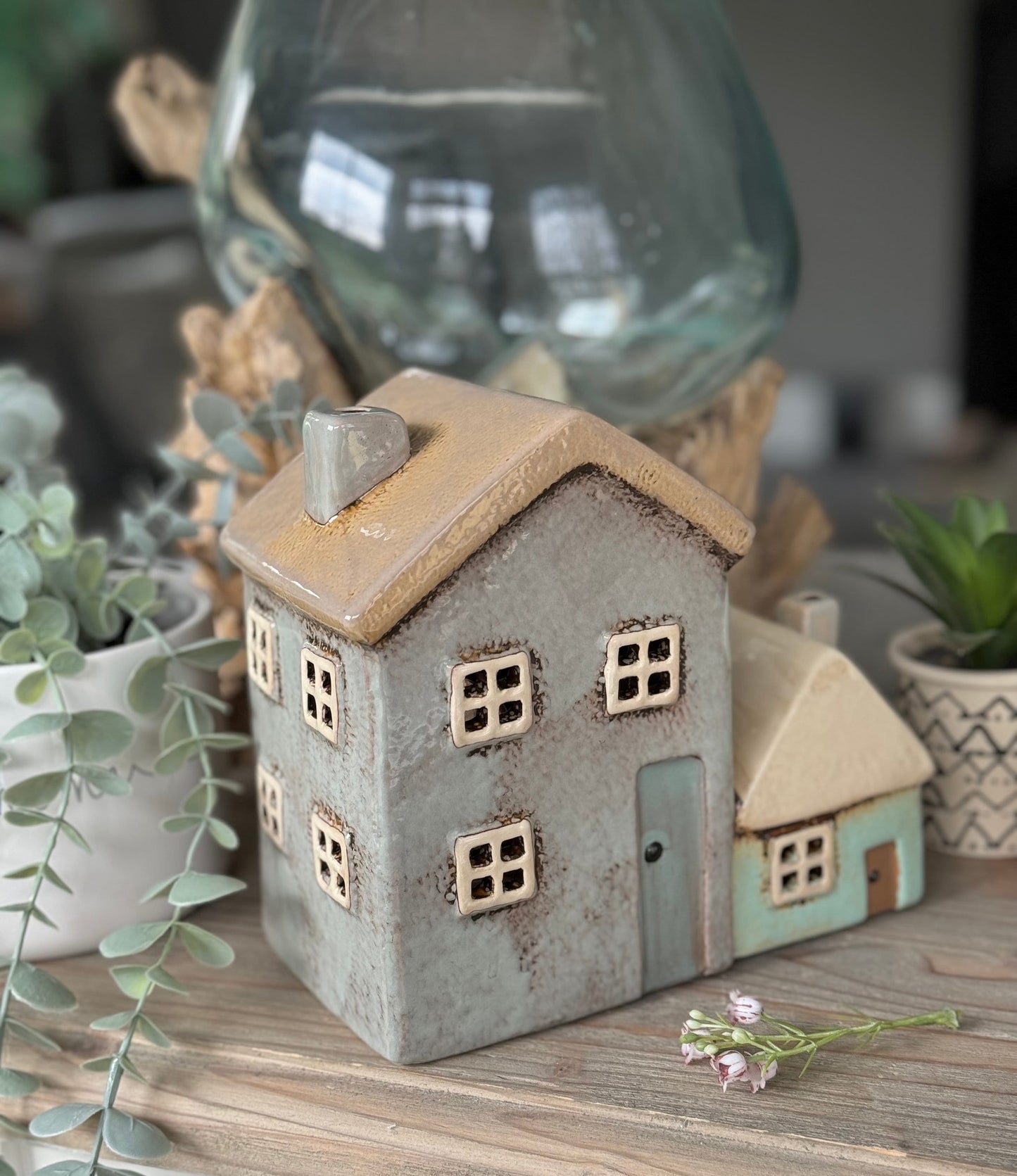 Cottage Pottery Grey/Aqua Two Tealight Houses