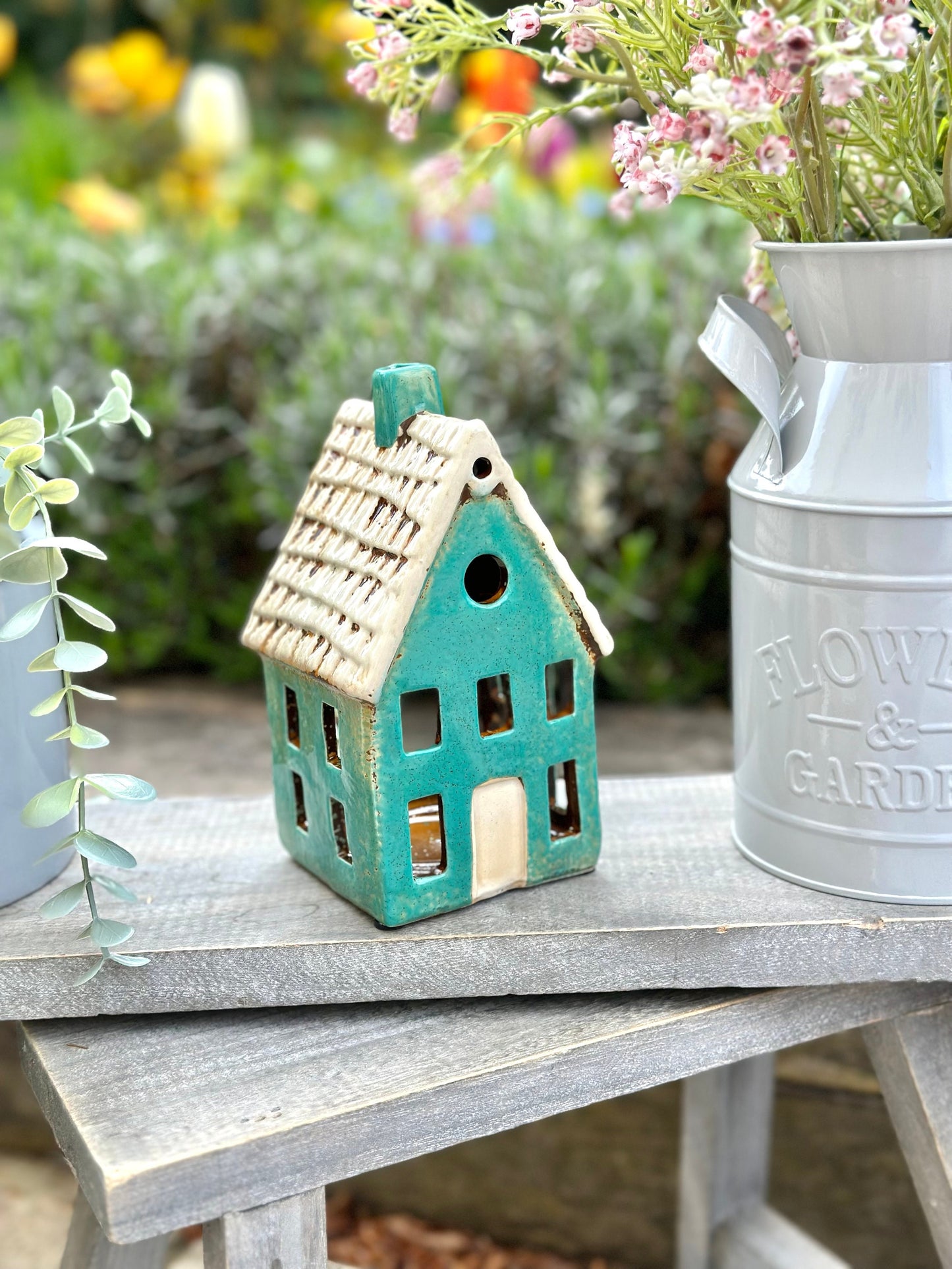 Turquoise Ceramic Townhouse/Cottage Candle Holder