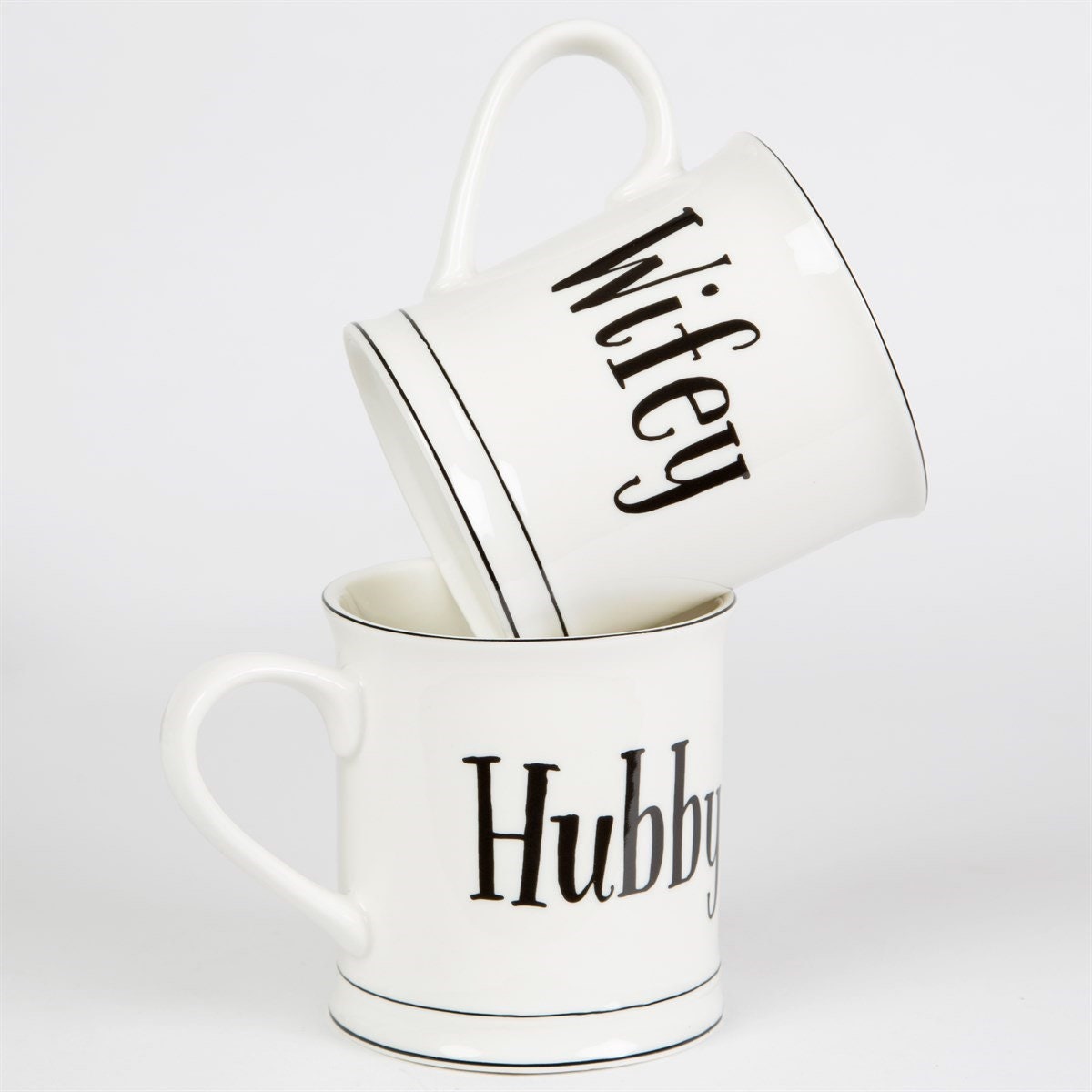 White Hubby and Wifey Porcelain Mugs.
