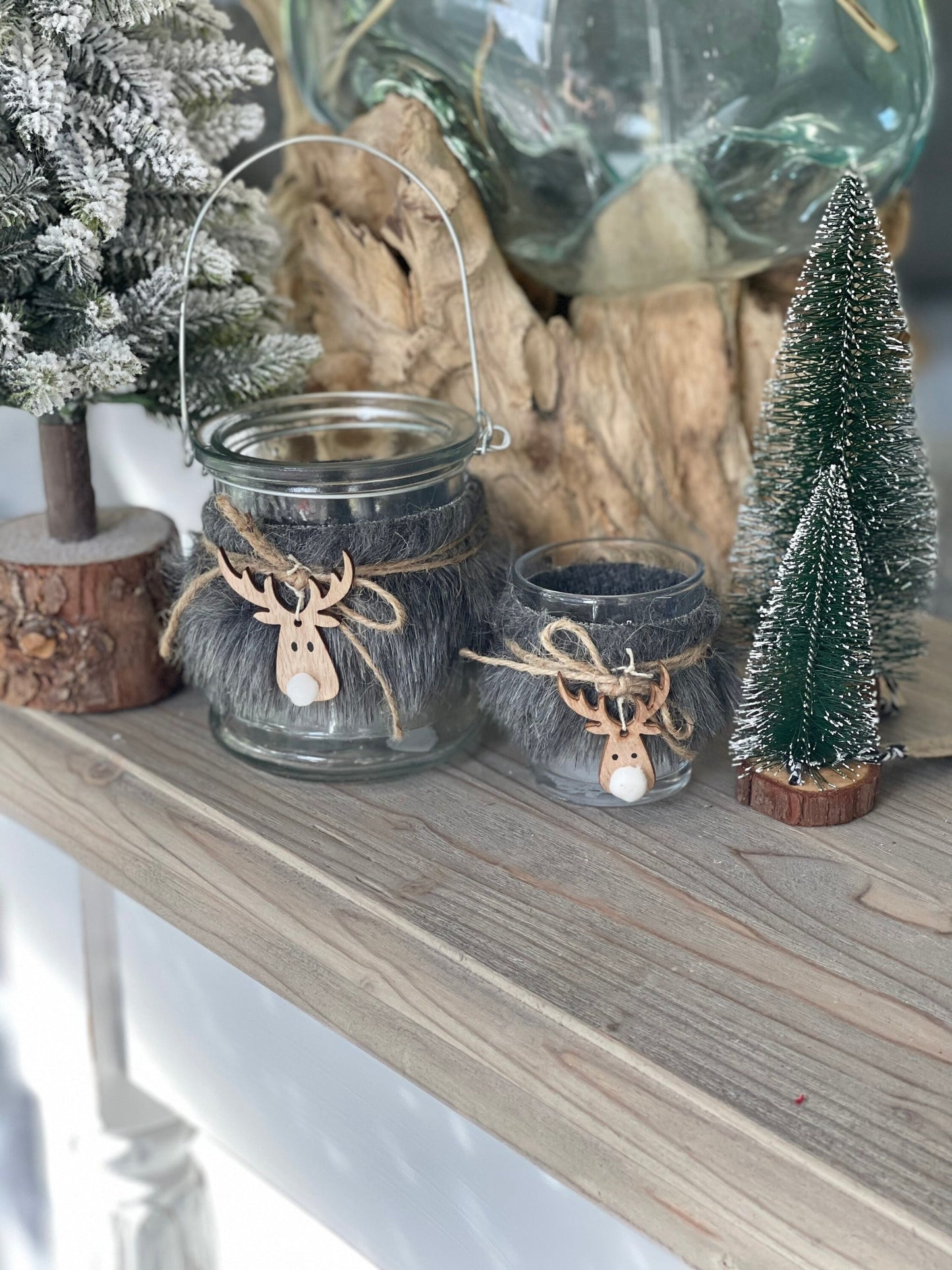 Fur Reindeer Glass Lanterns - 2 sizes Available