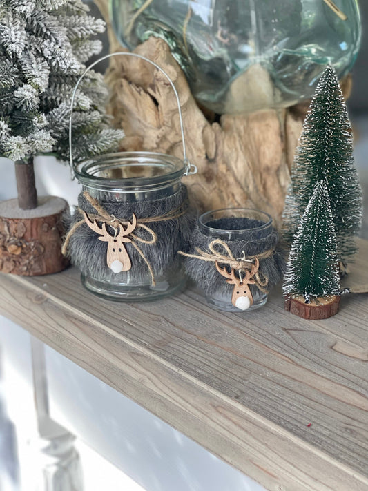 Fur Reindeer Glass Lanterns - 2 sizes Available