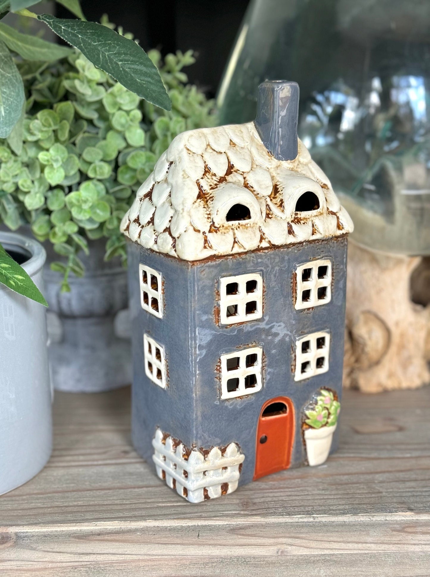 NEW! Navy Garden Ceramic Tealight House