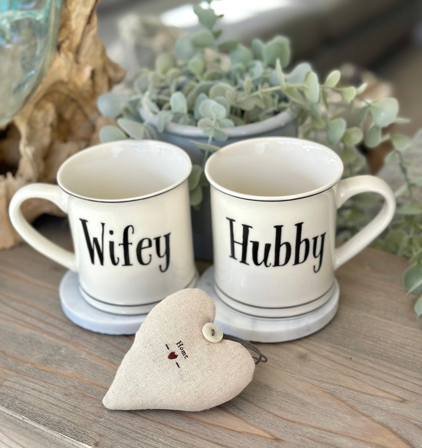 White Hubby and Wifey Porcelain Mugs.