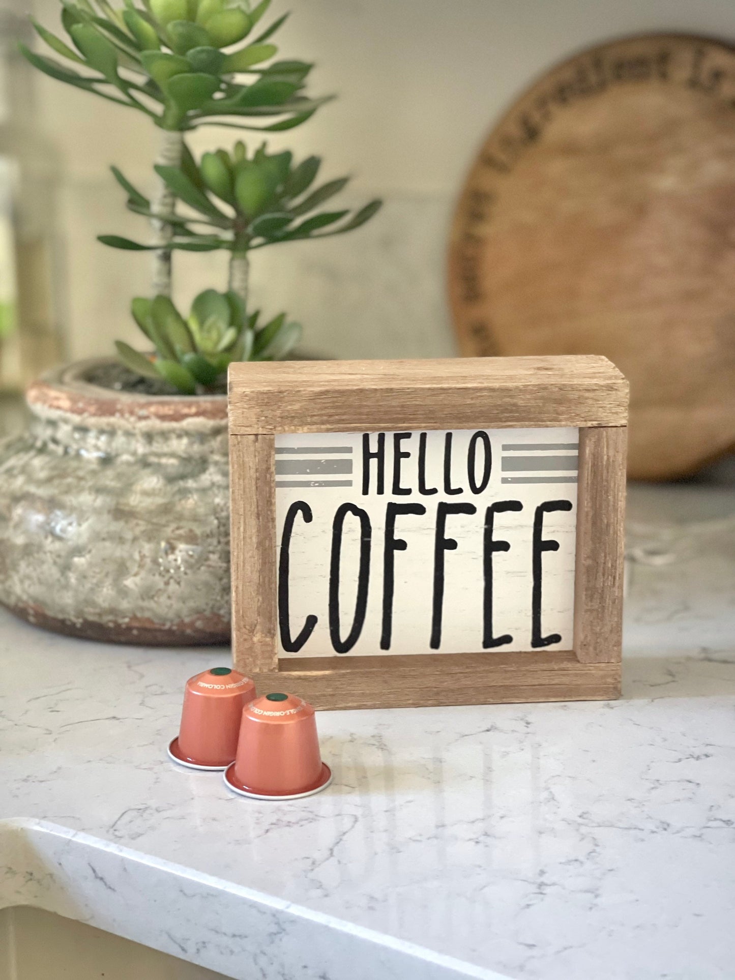Hello Coffee Barn Wood Small Box Sign Kitchen Decor
