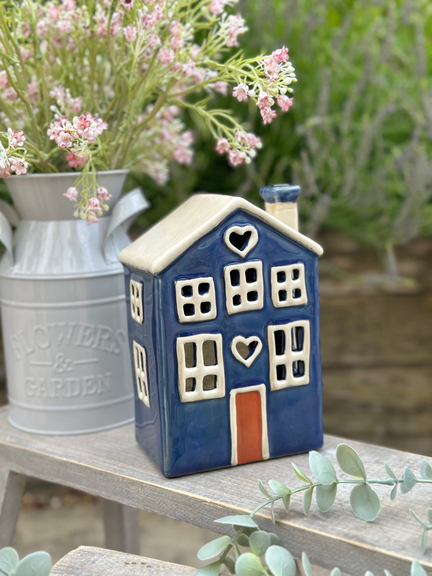 Navy Blue Traditional Village House Candle Holder