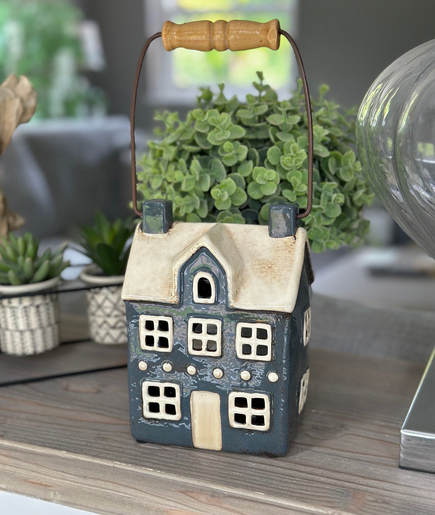 Navy Ceramic House/Cottage Candle Holder with Handle