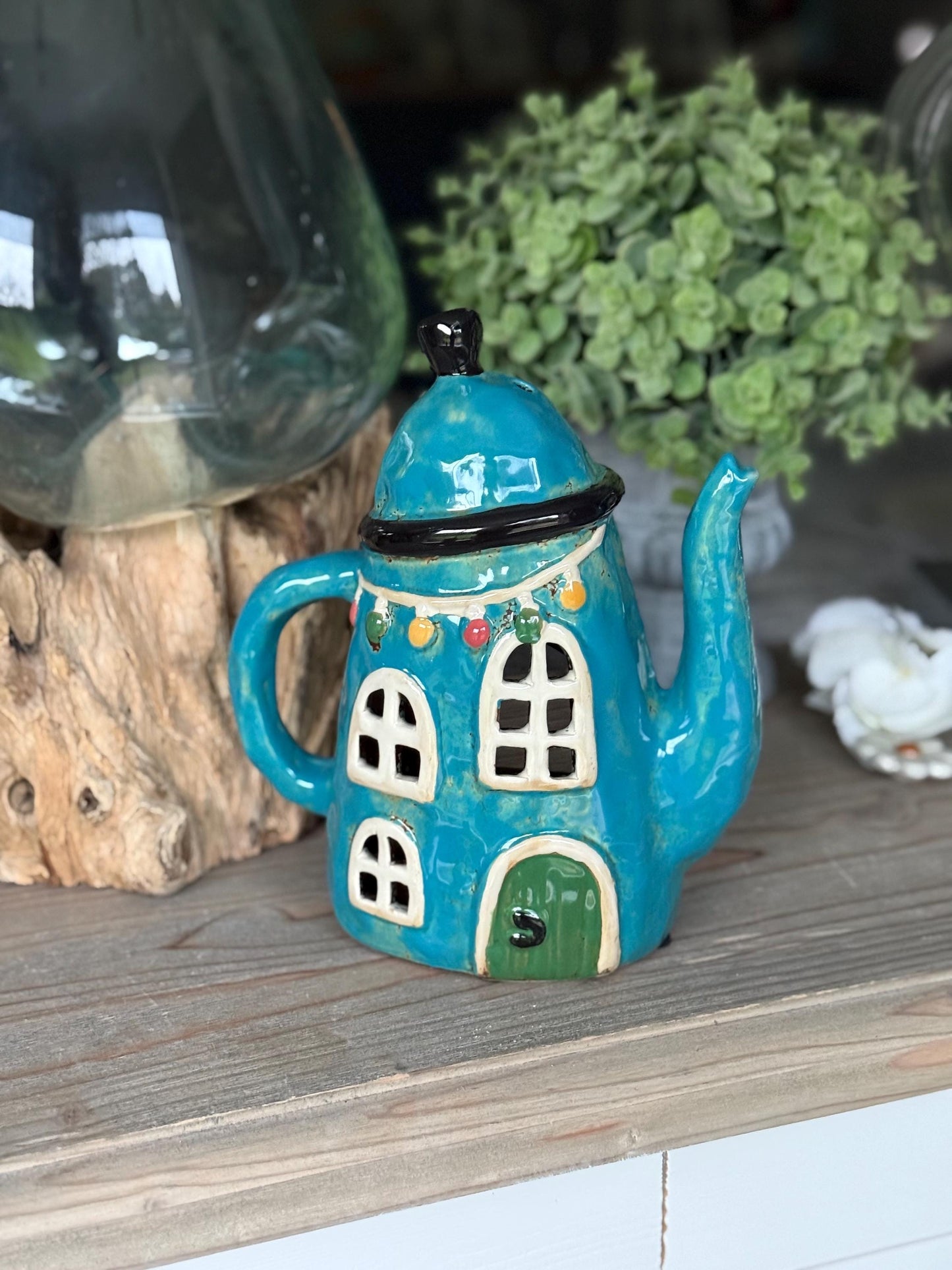 Blue Ceramic Teapot Candle Holder