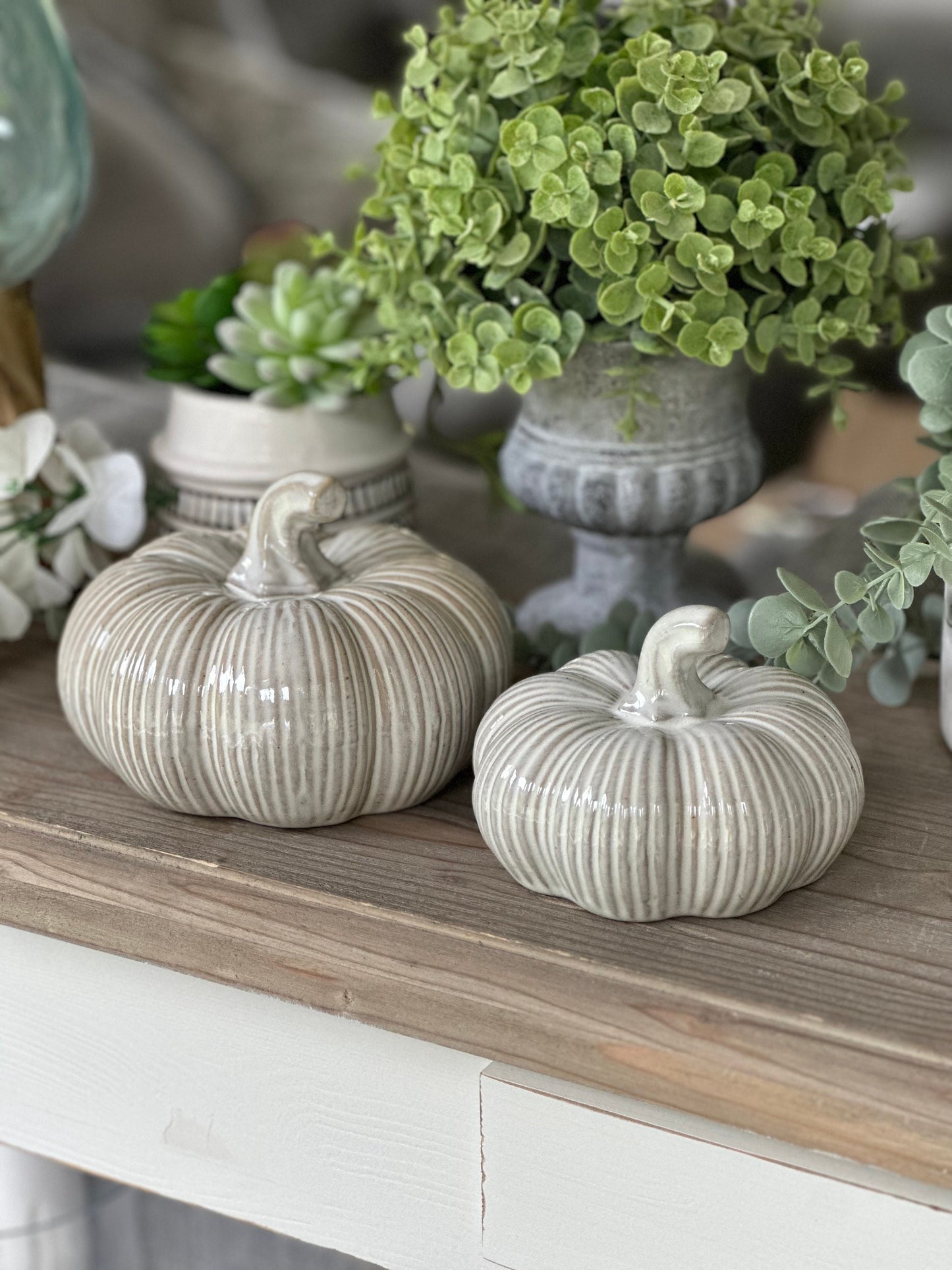 Distressed Ribbed White Ceramic Pumpkins - Choice of 2 Sizes