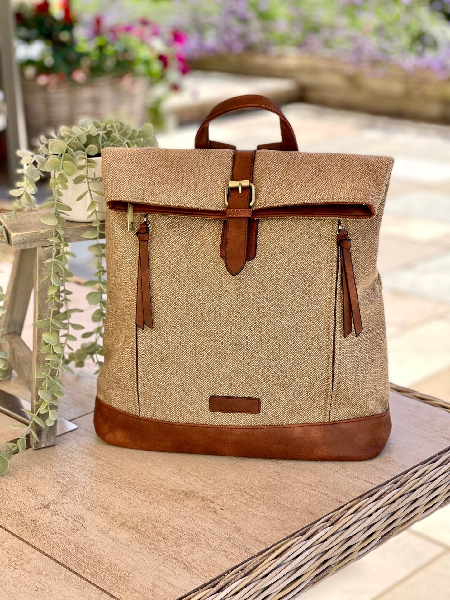 Camel/Taupe Herringbone Rucksack/Backpack