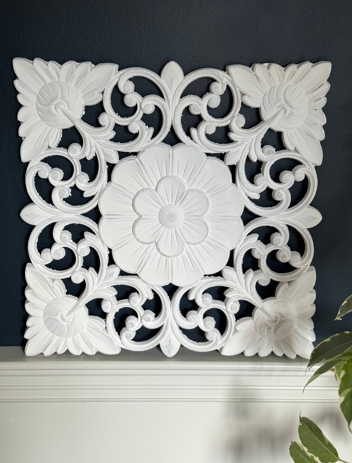 Floral White Painted Carved Square