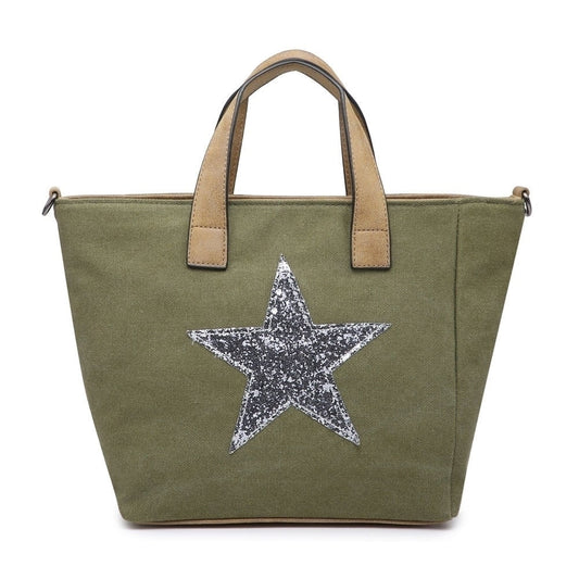 Khaki Green Canvas Handbag -  Silver Star