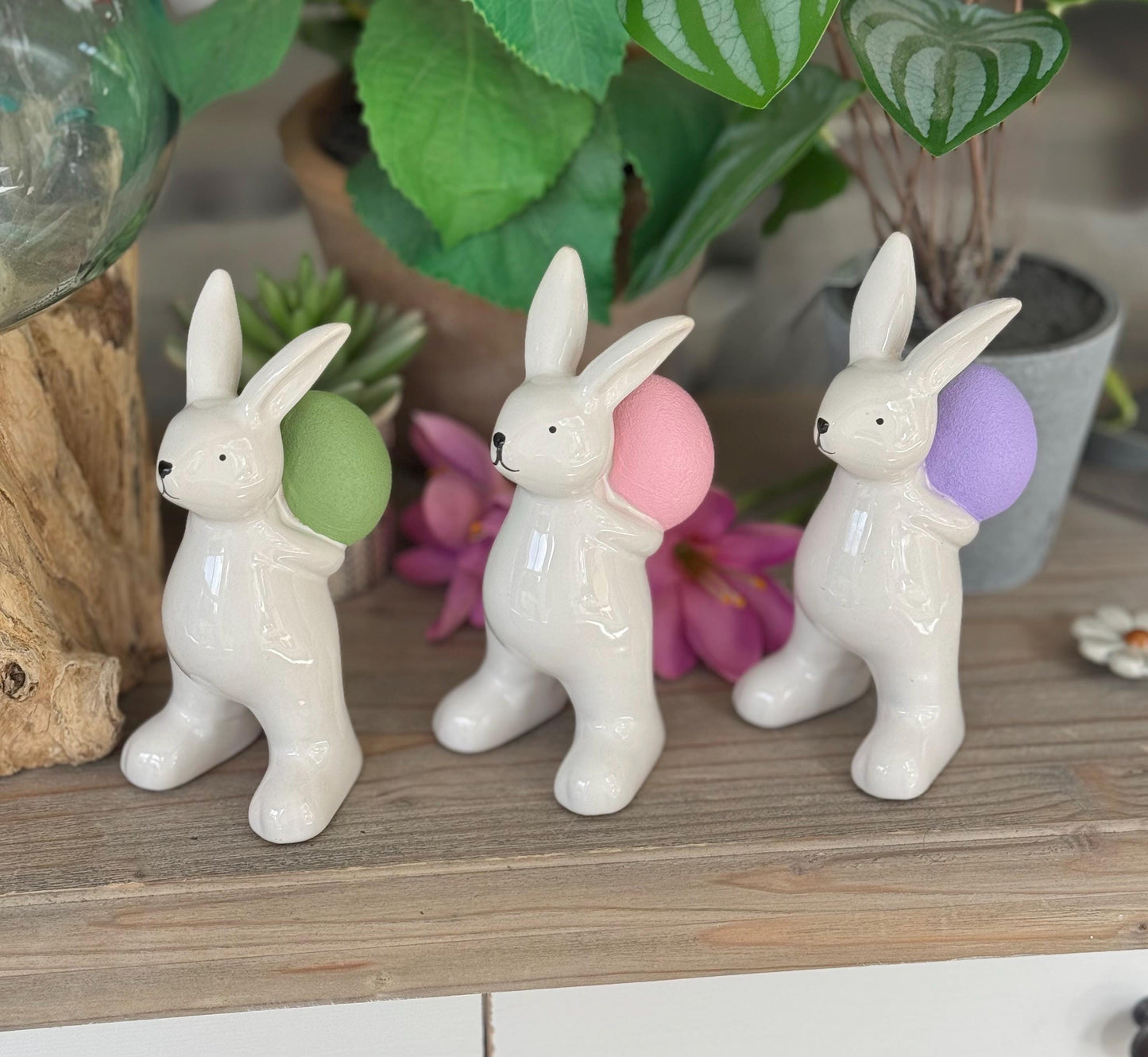 Ceramic White Glazed Bunny - Hand-painted Eggs available in 2 colours