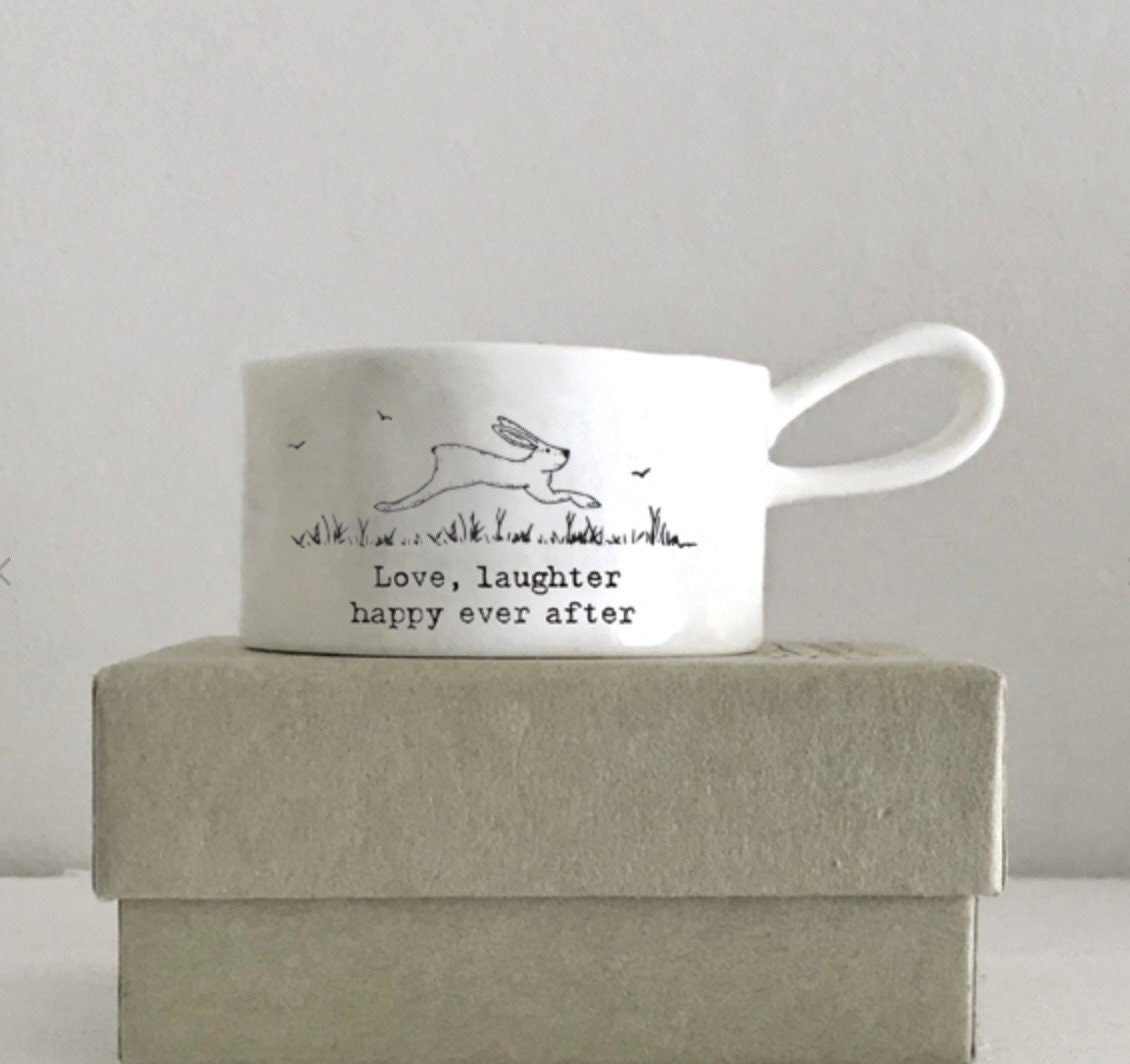 Handled "Love, Laughter, Happy Ever After" Porcelain Tea light Holder