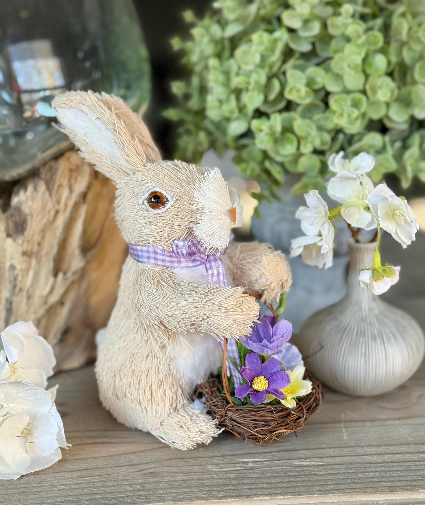 Bristle Bunny with Ribbon and Wicker Basket