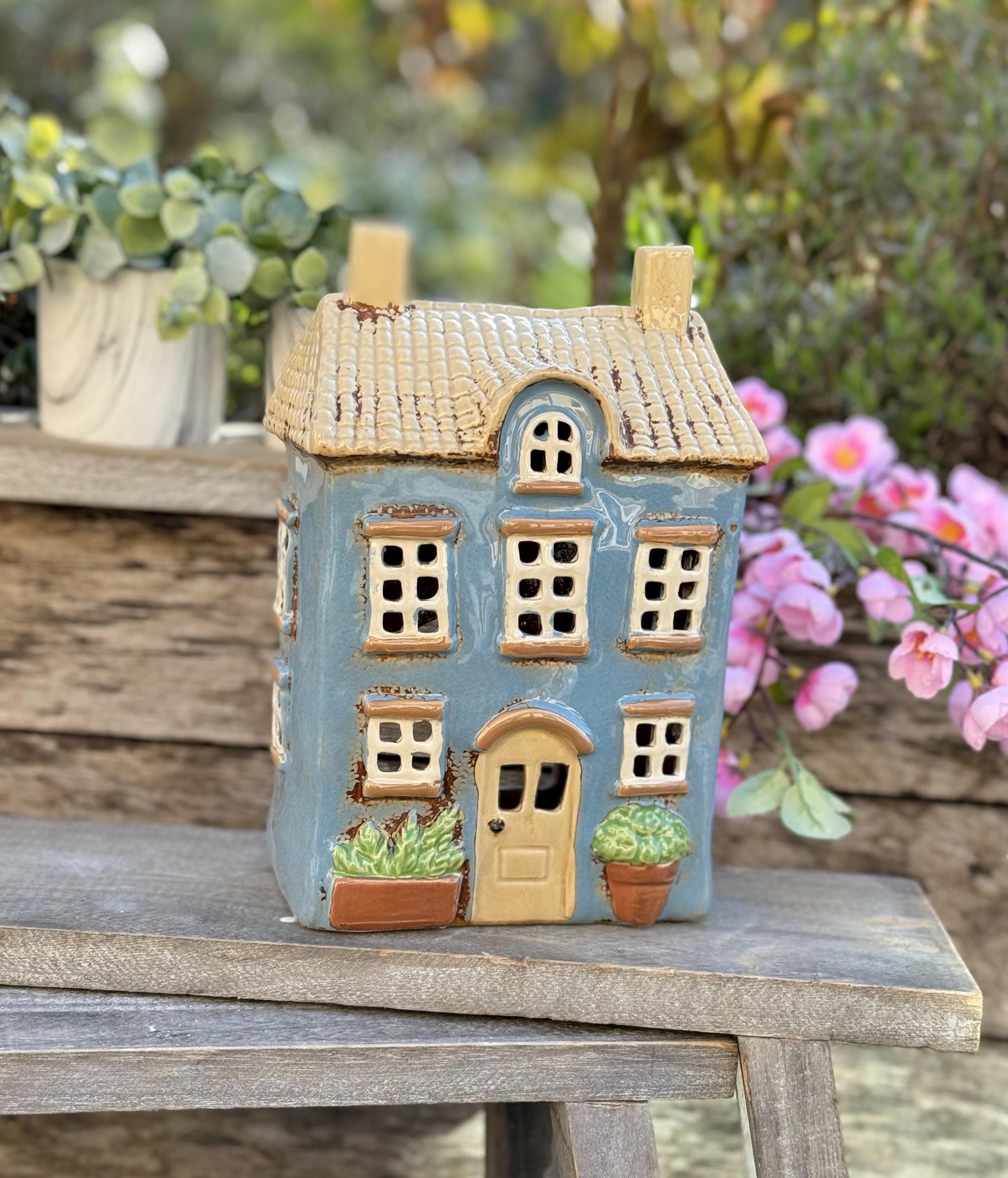 NEW! Tall Blue Townhouse/Country House Ceramic Tealight