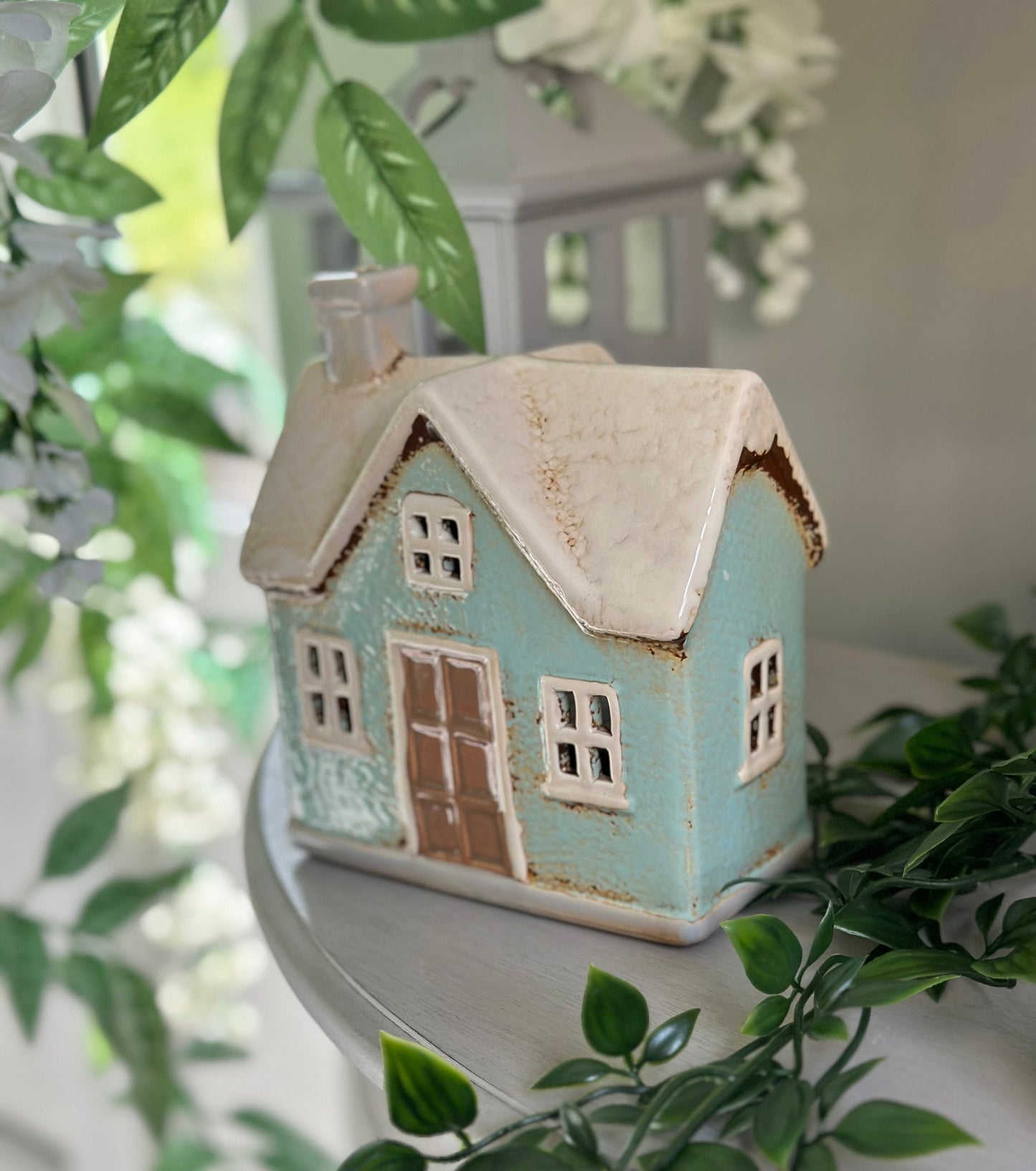 Glazed Ceramic Aqua Country Cottage Tea light