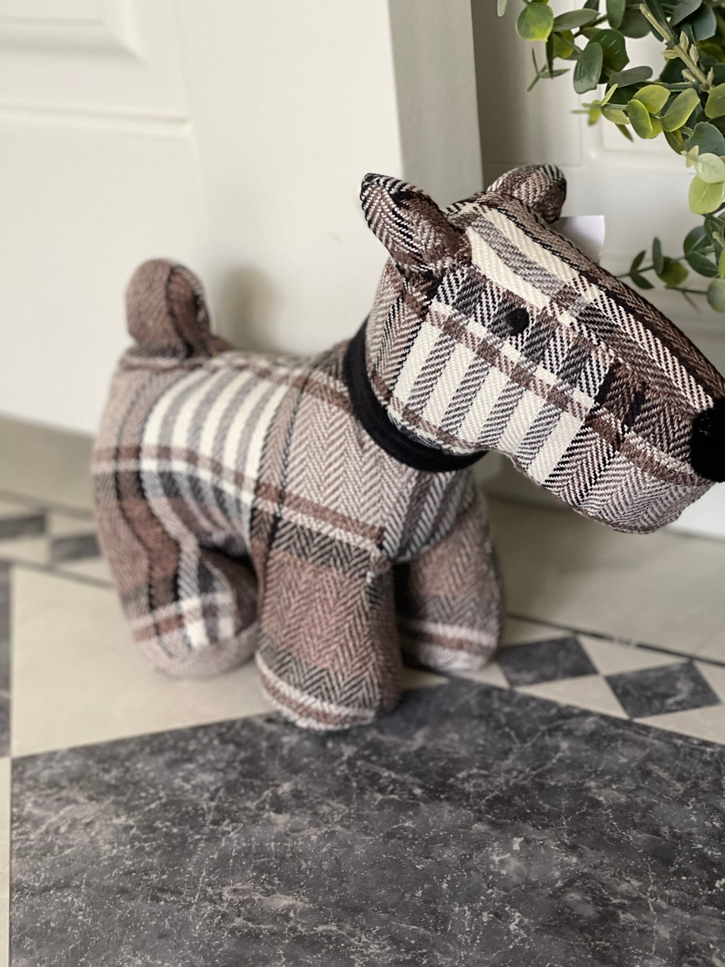 Bentley the Dog Fabric Household Door Stop - Brown Tartan
