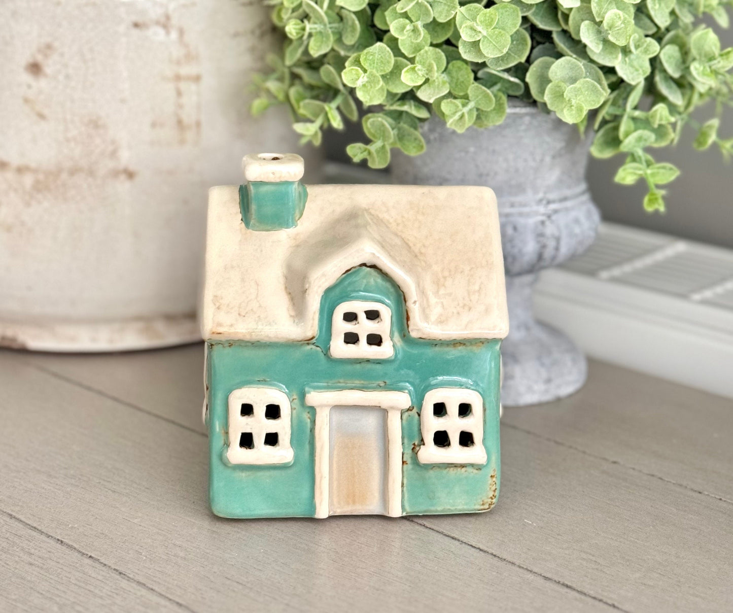 Teal Country Garden House Candle Holder
