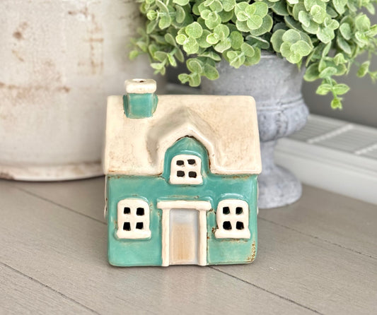 Teal Country Garden House Candle Holder