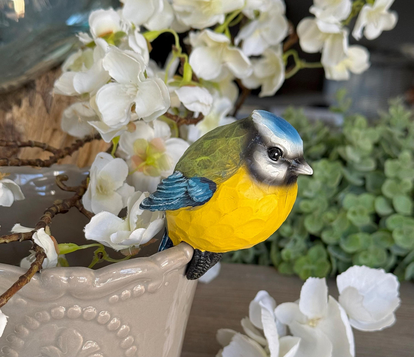 Carved Blue Tit Pot Hanger