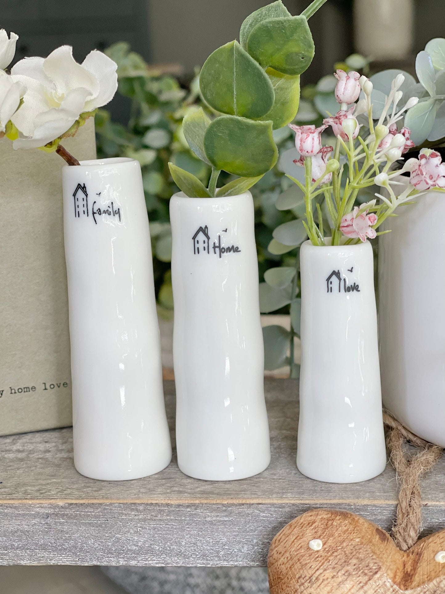 Set of 3 Porcelain Bud Vases - Home, Family, Love
