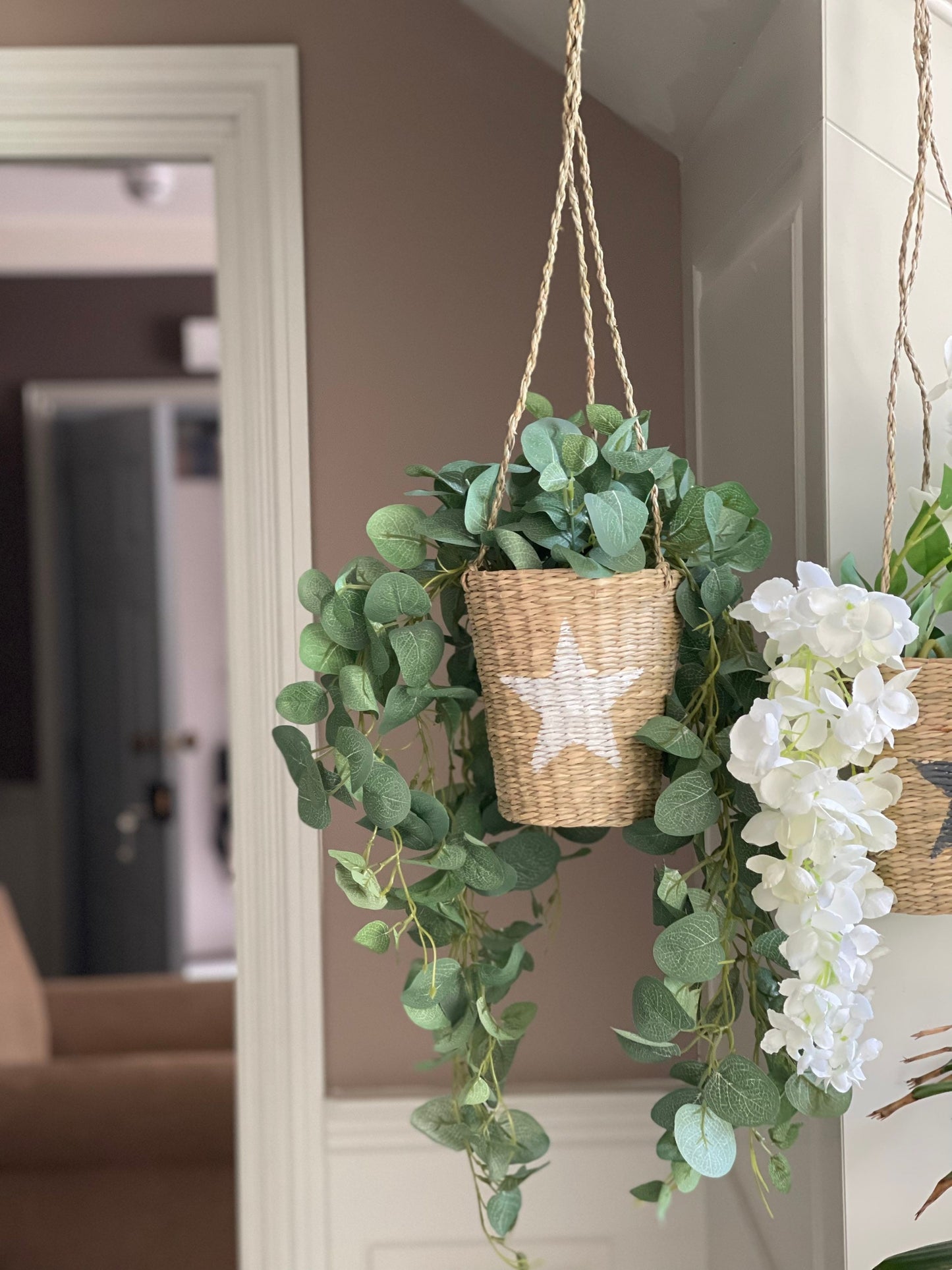 Hanging Seagrass Woven Tall Basket: White or Grey Star Option