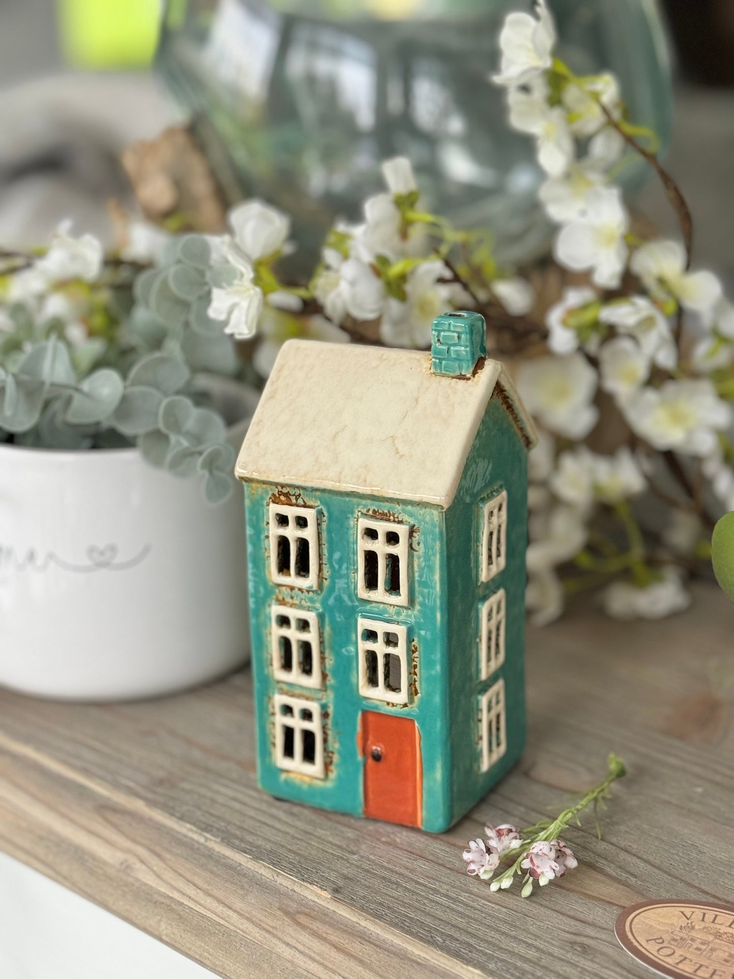 Teal Ceramic Townhouse Candle Holder