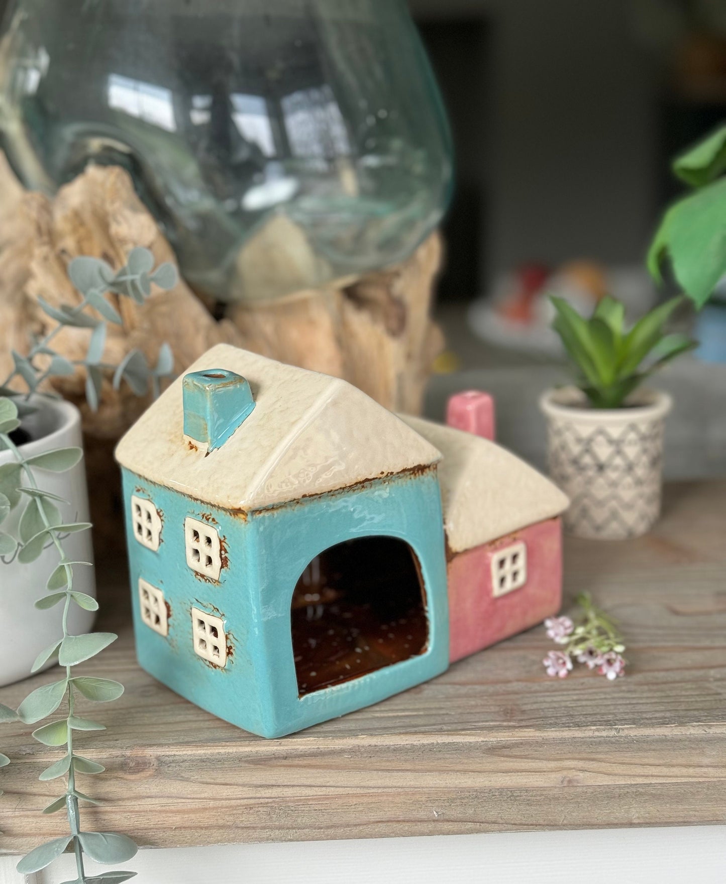 Cottage Pottery Pink/Aqua Two Tealight Houses