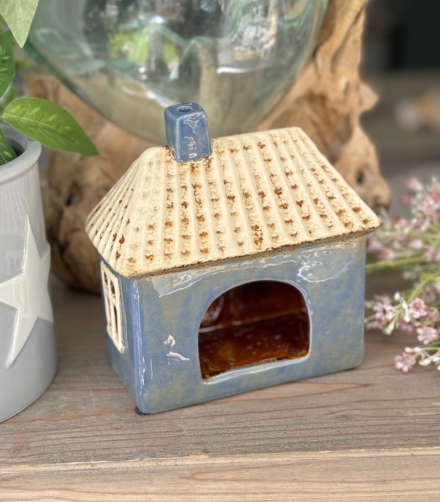 NEW! Blue Bunting Ceramic Tealight House