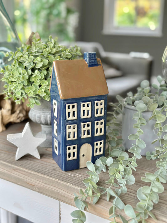 Blue Ceramic House /Cottage Candle Holder