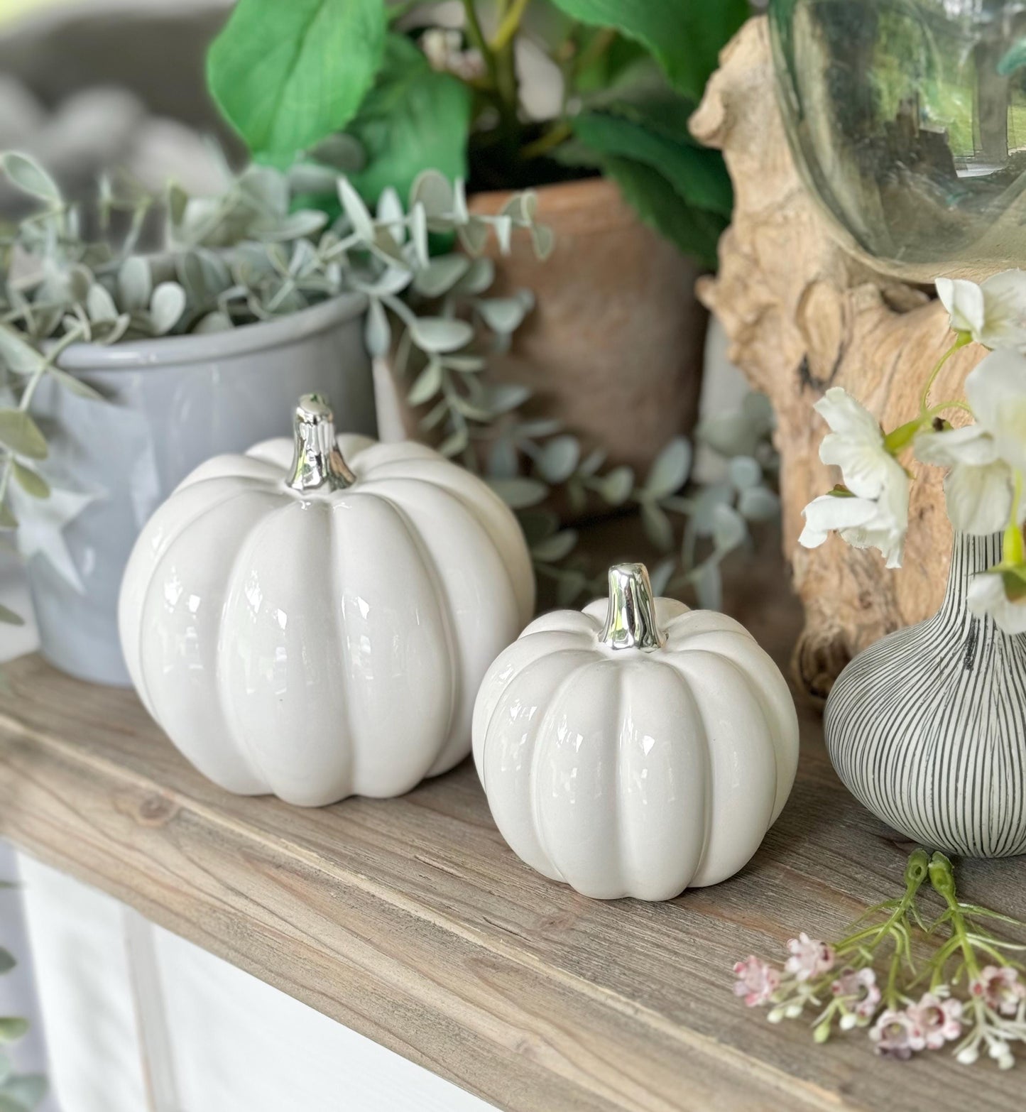 White Glossy Ceramic Pumpkins with Silver Stalk - Choice of 2 Sizes