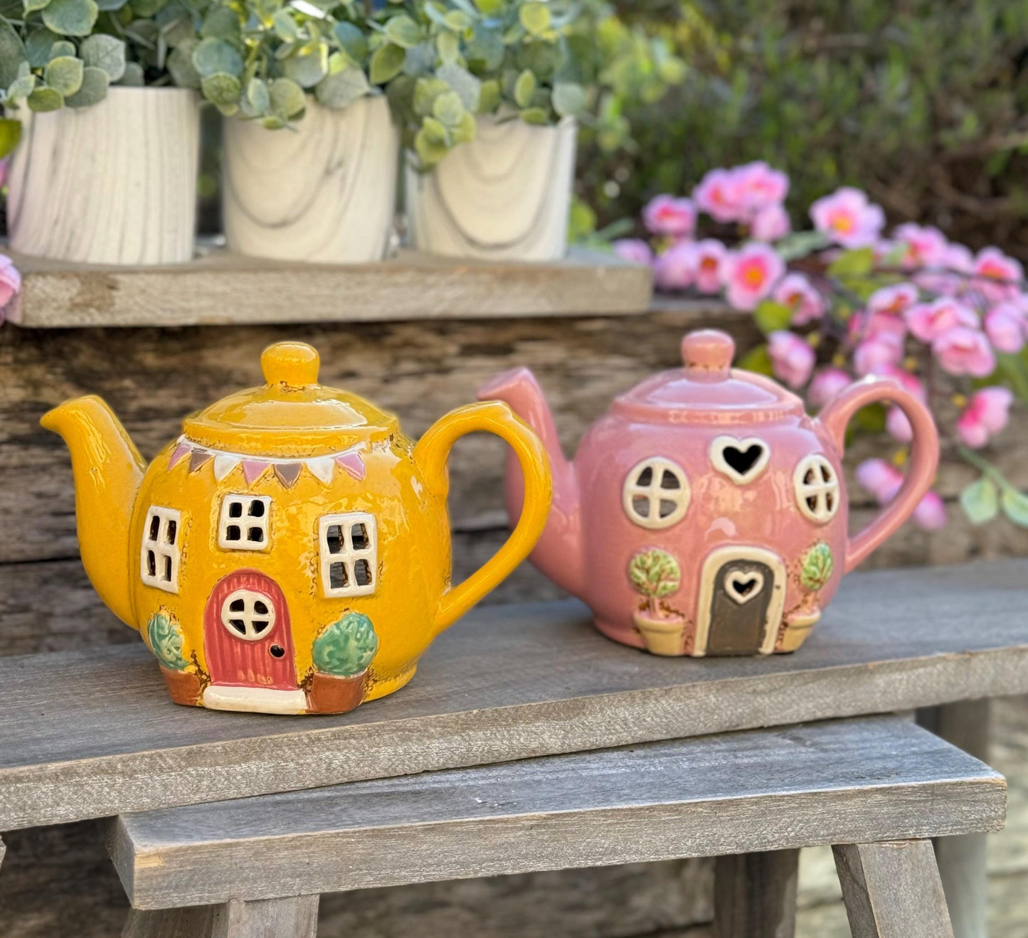 Ceramic Teapot House Tealight/Candle Holder - Yellow and Pink Available
