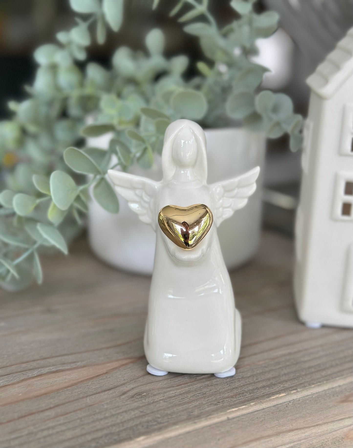 Glossy White ceramic glazed Angel with Gold Heart - 2 Sizes Available