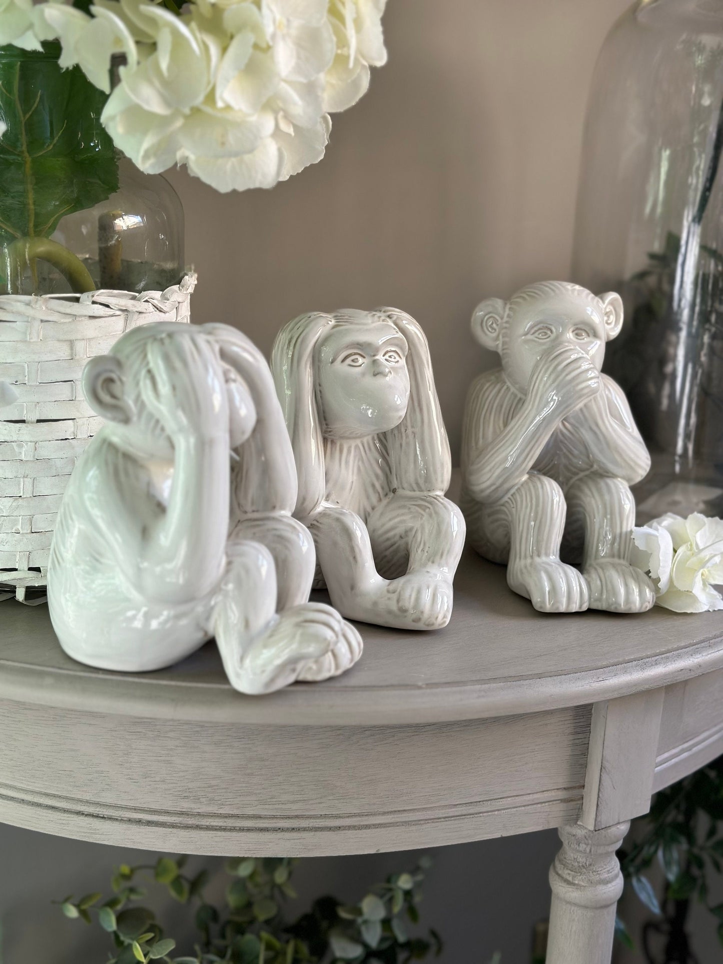 Set of 3 white Ceramic Monkeys:  See No Evil , Hear No Evil, Speak No Evil