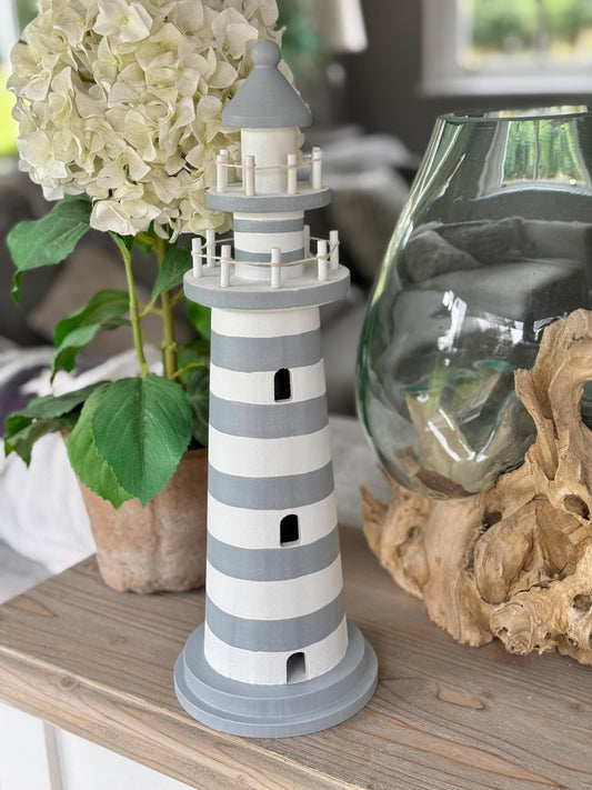 Nautical Wooden Lighthouse - White and Grey