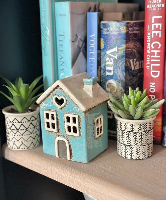 Glazed Ceramic Aqua Town Heart House Tea light