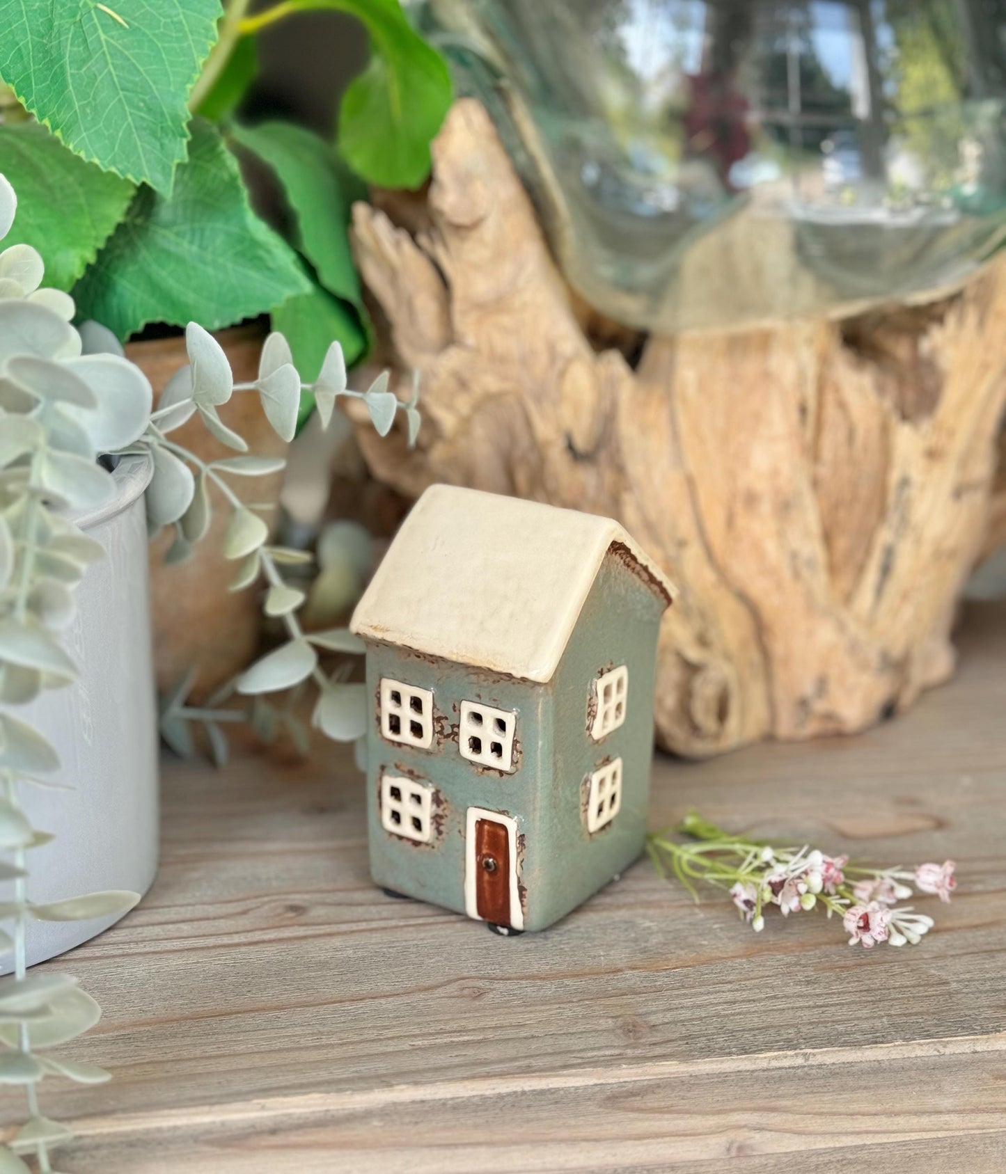 Glazed Aqua Ceramic Town House Tea Light