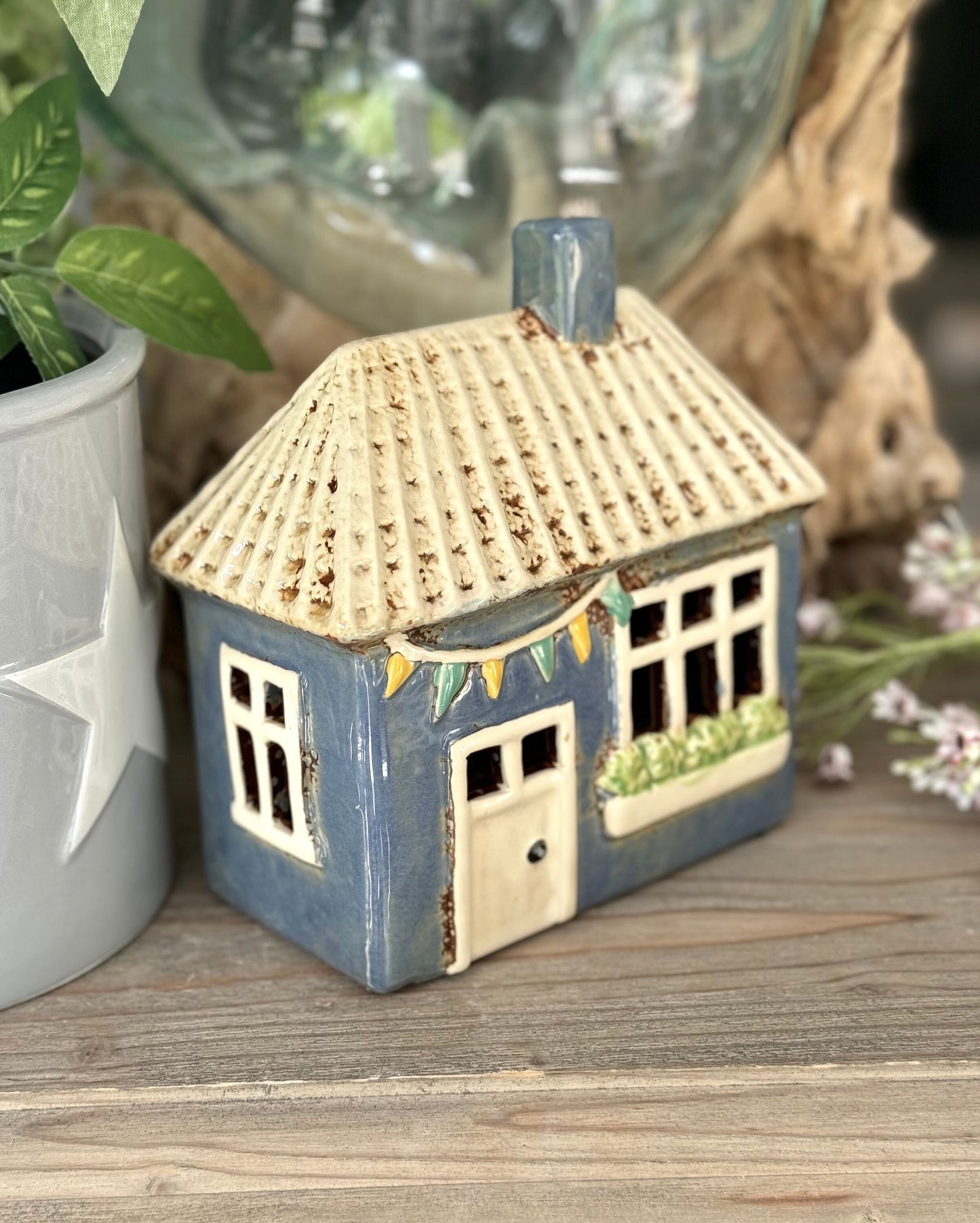 NEW! Blue Bunting Ceramic Tealight House