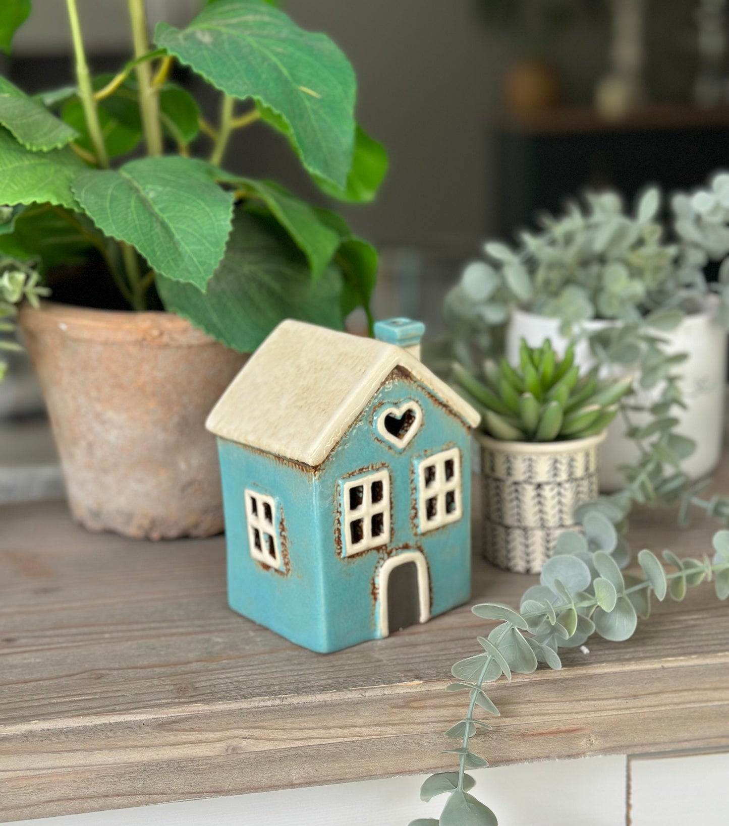 Glazed Ceramic Aqua Town Heart House Tea light