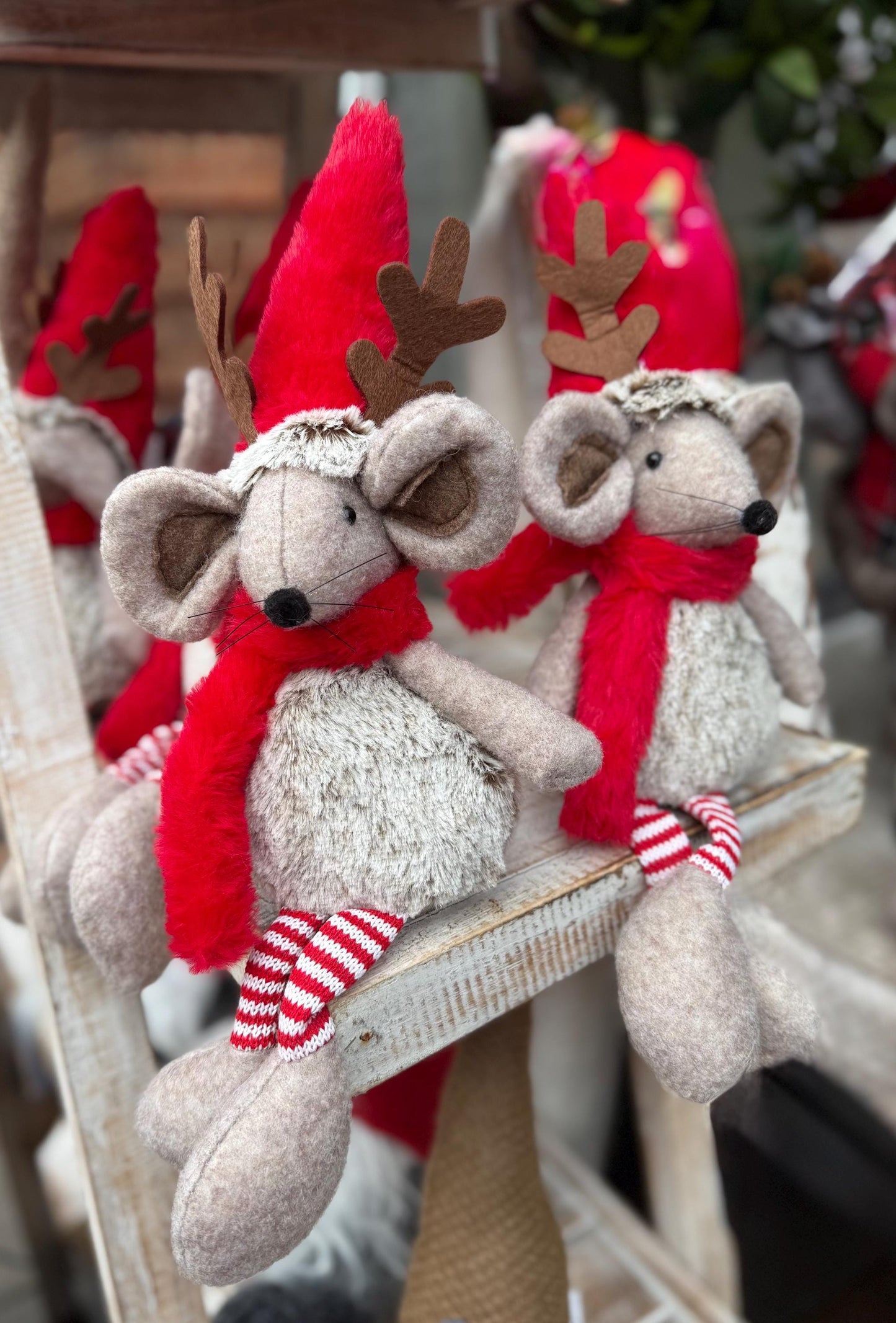 Super Soft Festive Sitting Mouse with Red Antler Hat